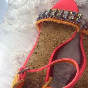 Gianni Bini Neon Pink and Orange Jeweled Wedges